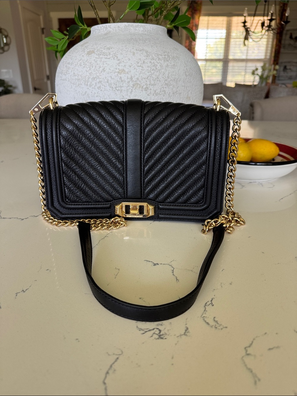 Black Quilted Chain Shoulder Bag with Gold Hardware